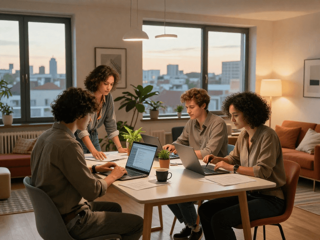Komfortable Monteurzimmer Hannover mit modernen Möbeln und Teamarbeit am Tisch.