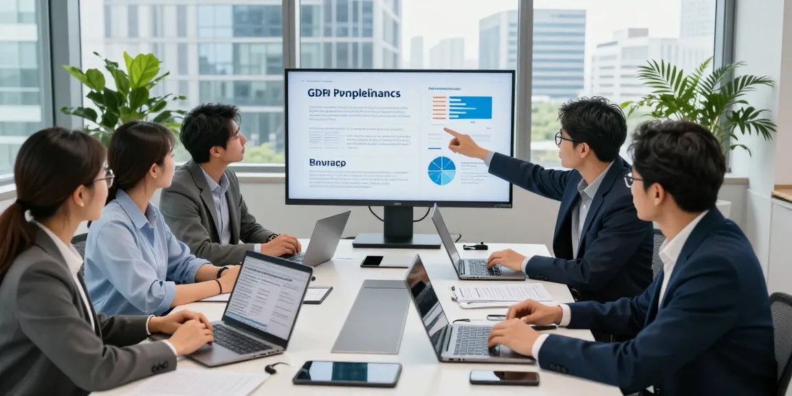 Wissen / Blog-Hub: Teamarbeit zur DSGVO-Konformität in modernem Büro.