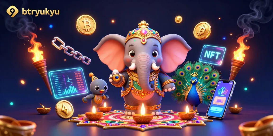 Experience vibrant gaming with 9betryukyu featuring a Diwali-themed elephant and crypto elements.
