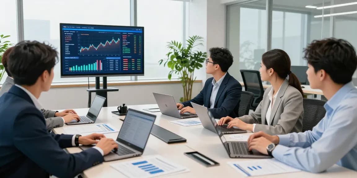 Professionnels de la banque numérique engageant une discussion stratégique dans un bureau moderne.
