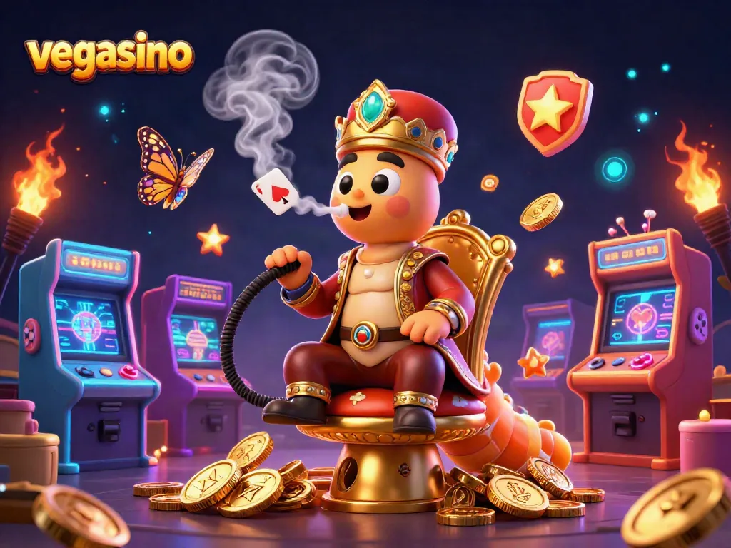 Experience fun at vegasino with a vibrant 3D casino scene featuring colorful game elements.