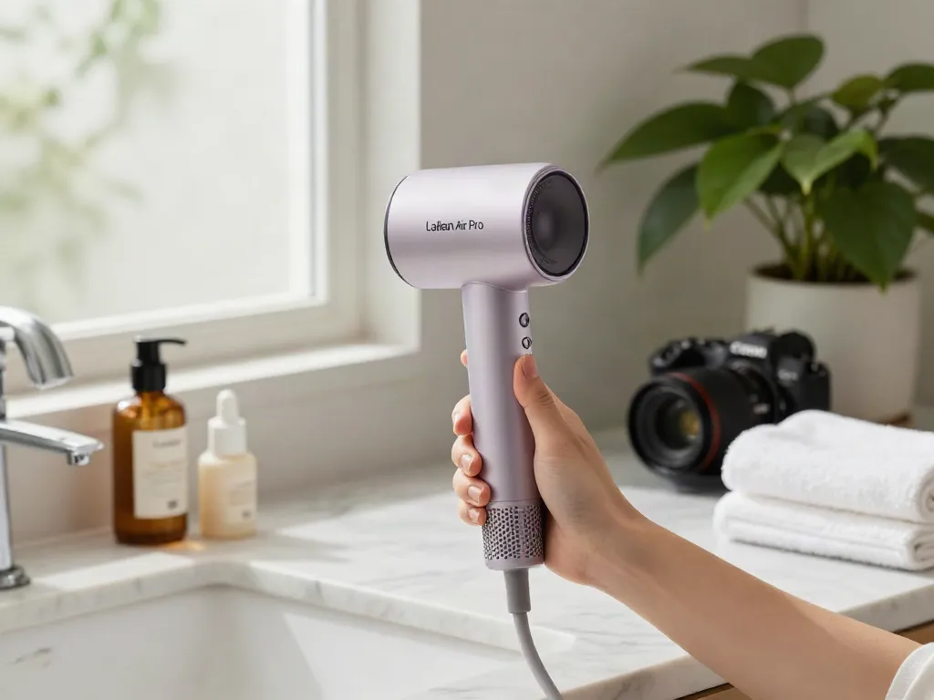 Laifen Air Pro Ionen-Haartrockner auf einem modernen Badetisch mit Pflegeprodukten und weichen Handtüchern.