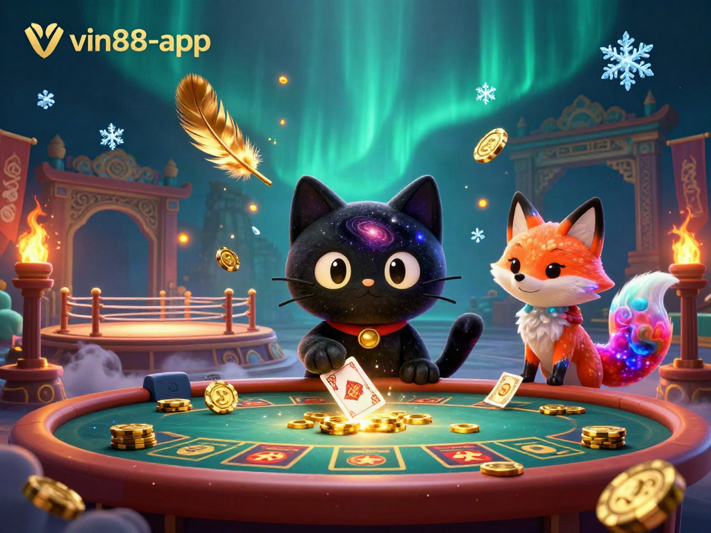 Experience the excitement of vin88-app with a cosmic casino scene featuring a black hole cat and colorful nebula fox.