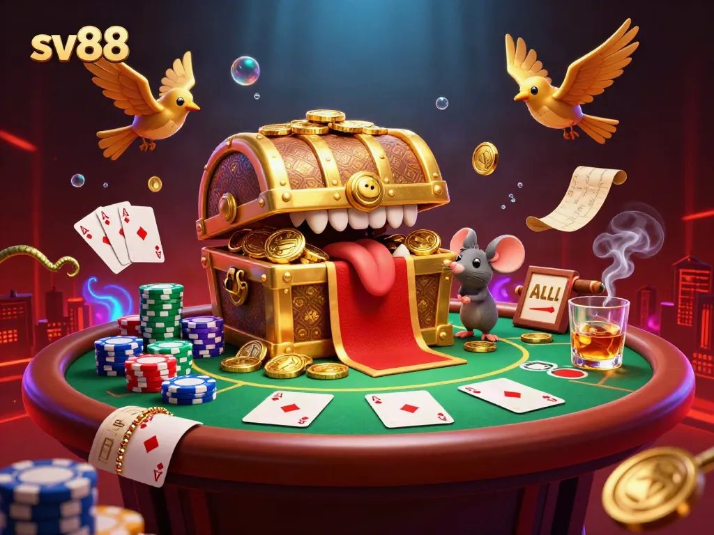 Experience exciting gaming at sv88 with a playful treasure chest and vibrant gambling elements.
