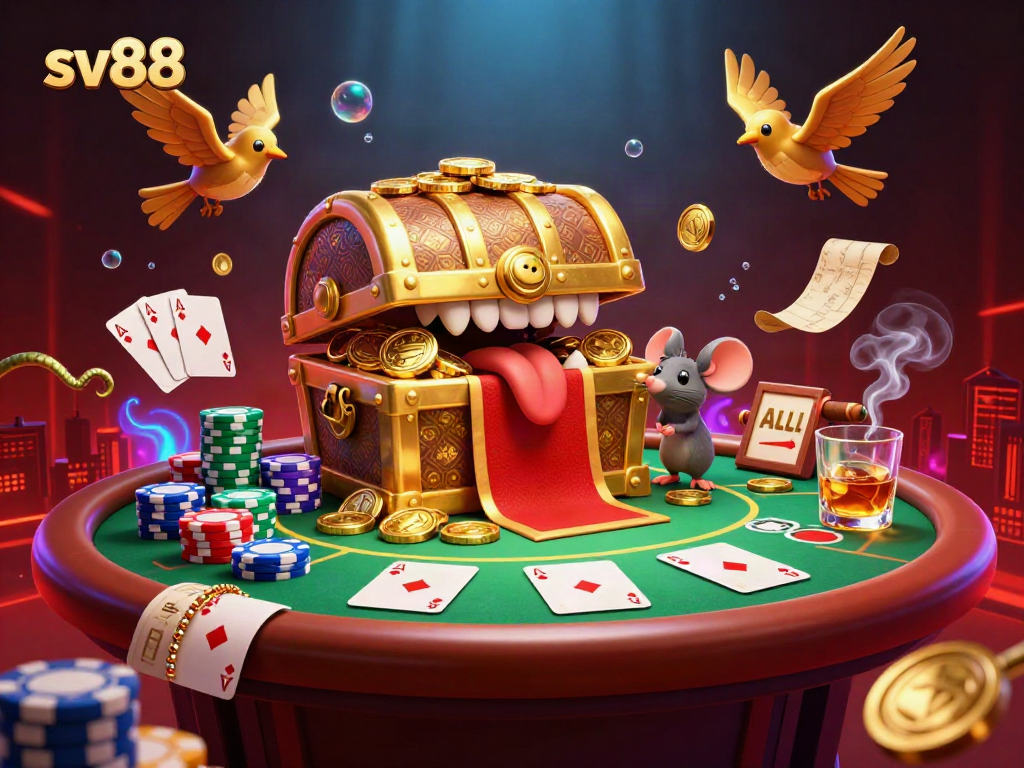 Experience exciting gaming at sv88 with a playful treasure chest and vibrant gambling elements.