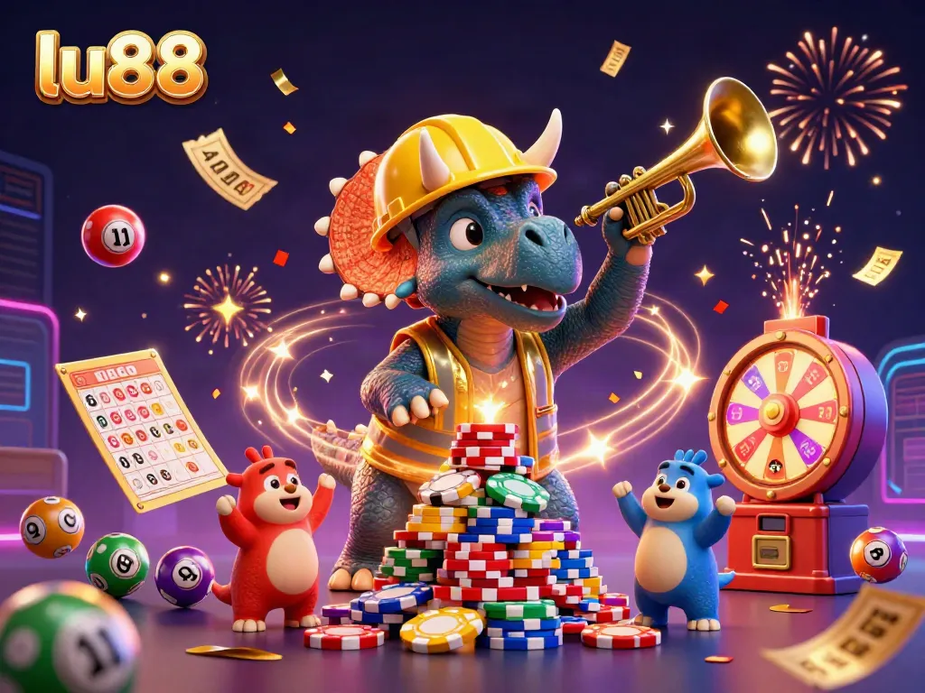 Win big at LU88 with a colorful celebration of casino excitement including cheering dinosaurs and vibrant game elements.