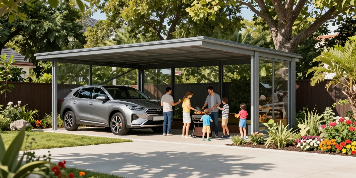 Carport als moderner Schutz für Fahrzeuge mit lebhaftem Familienfest darunter.