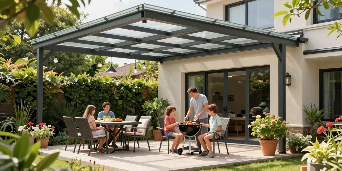 Terrassenüberdachung aus Aluminium auf einer sonnigen Terrasse mit Familie beim Grillen.