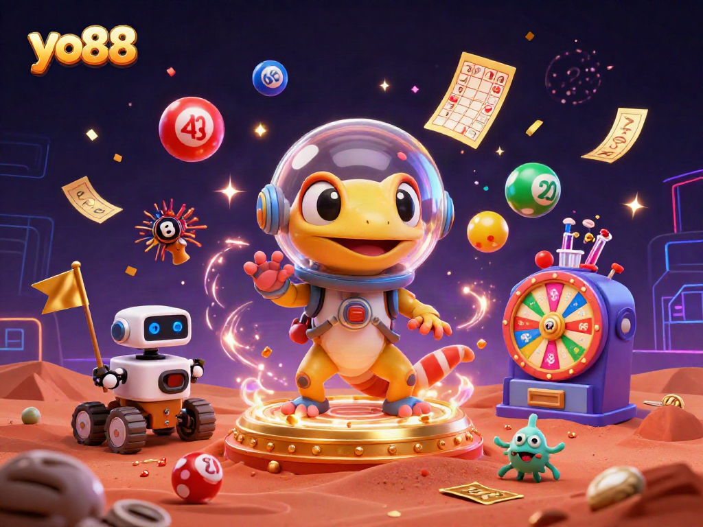 Spin the excitement with yo88 in a vibrant Martian casino scene filled with lottery elements.