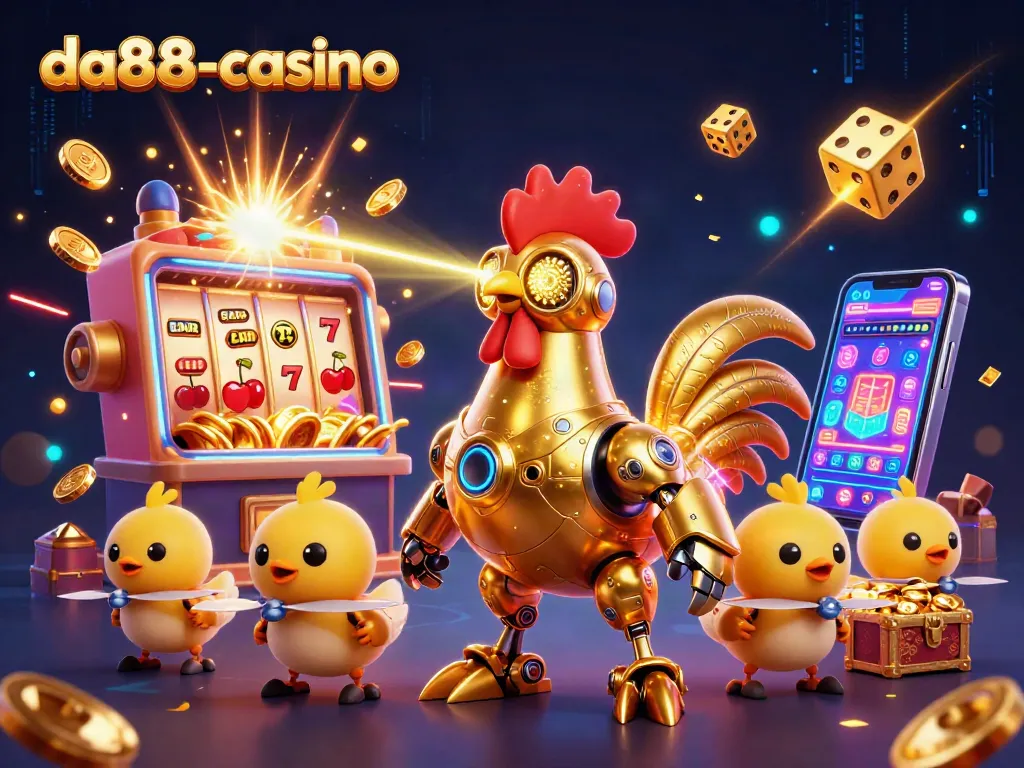 Engage in thrilling gameplay at da88-casino with vibrant slot machines, golden coins, and dynamic retro characters.