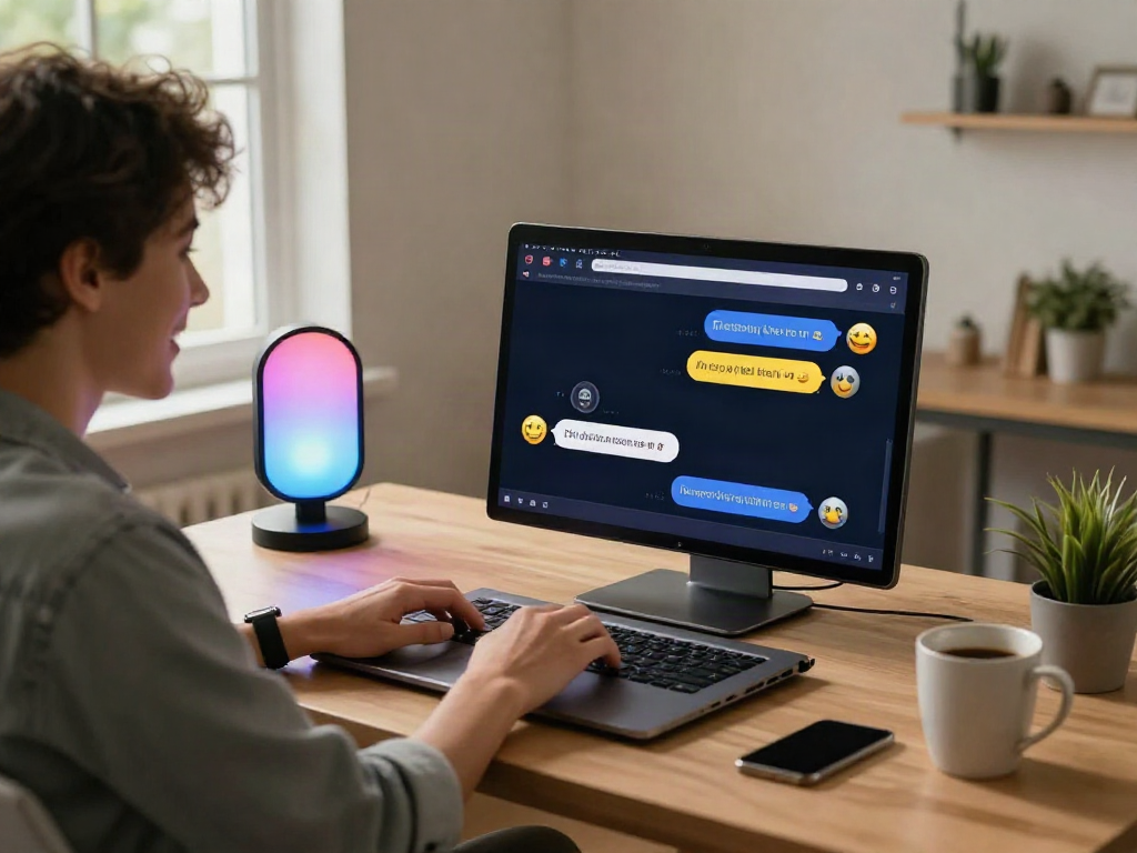 Engaging spicy chat interaction with a vibrant AI chatbot in a cozy home office.