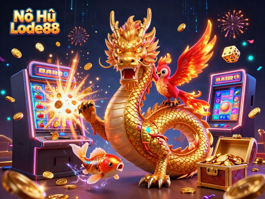 Experience Nổ Hũ Lode88 with a dazzling jackpot scene featuring vibrant elements and dynamic characters.