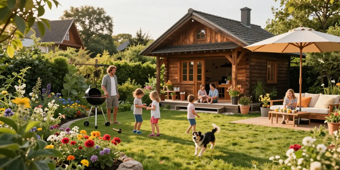 Gartenhaus in einer lebhaften Gartenlandschaft mit spielenden Kindern und blühenden Pflanzen