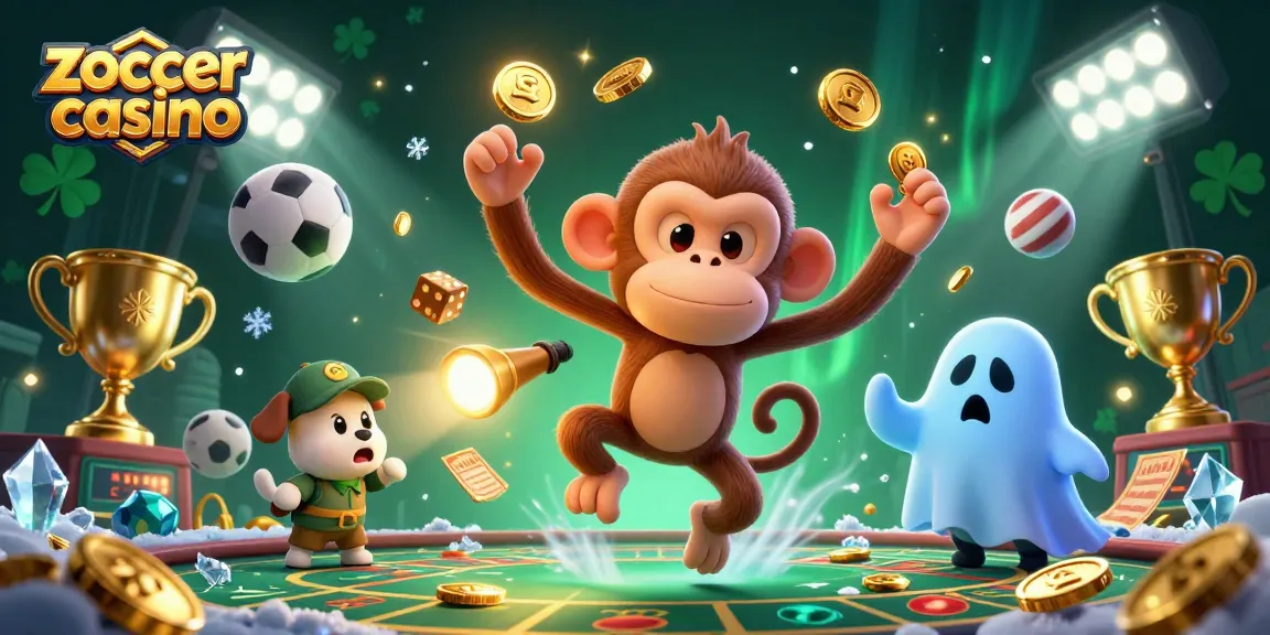 Zoccer casino brings excitement with a poltergeist monkey juggling golden coins in a vibrant gaming scene.