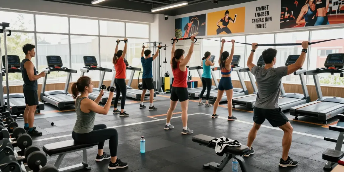 Aktive Fitnessgruppe im Deus Medical Fitnessstudio mit hochwertigem Equipment und motivierender Atmosphäre.