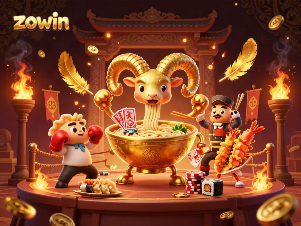 Zowin casino features a giant golden ramen bowl character dealing cards and stacking chips, surrounded by vibrant atmosphere.