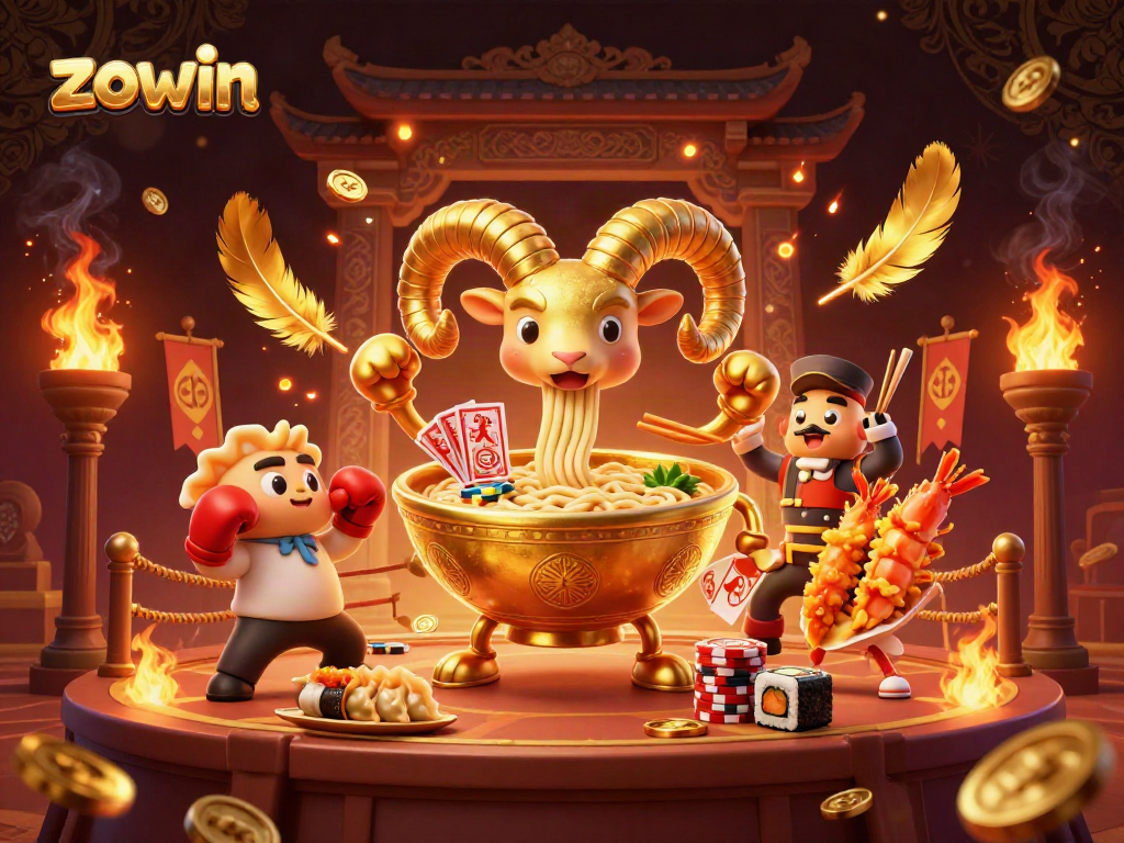 Zowin casino features a giant golden ramen bowl character dealing cards and stacking chips, surrounded by vibrant atmosphere.