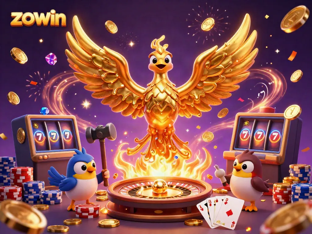 Zowin offers an exciting casino experience with golden phoenix and vibrant games in motion.