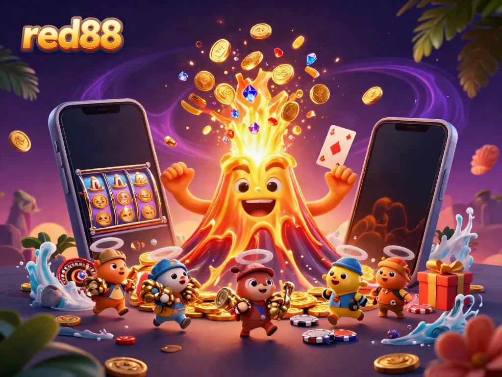 Experience exciting wins at red88 with a vibrant volcano spewing treasures and gaming elements.