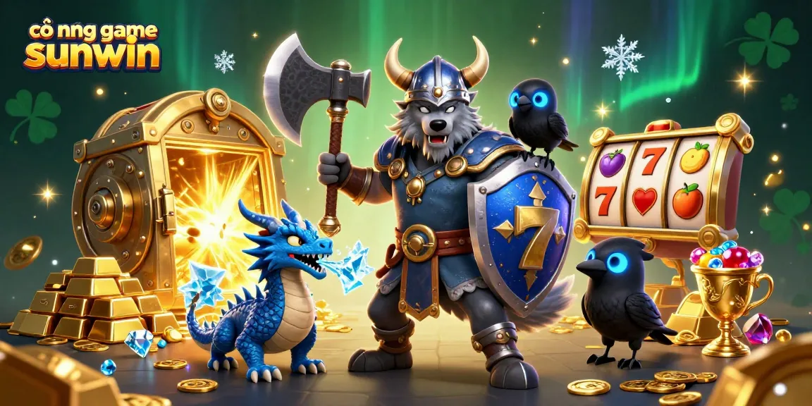 Engage in exciting gameplay with cổng game sunwin featuring a Viking wolf warrior, fierce dragon, and rich casino treasures.