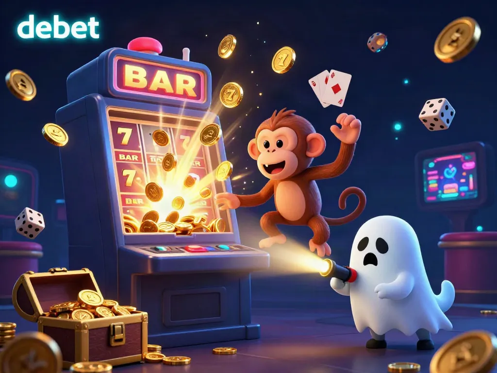 Engage with debet's gaming adventure as a ghost-hunter puppy tracks a mischievous monkey in a vibrant casino.