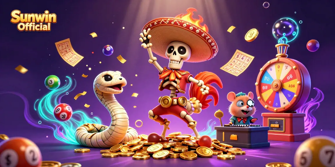 Experience the excitement of winning at Sunwin Official with a vibrant 3D illustration of casino games and characters.