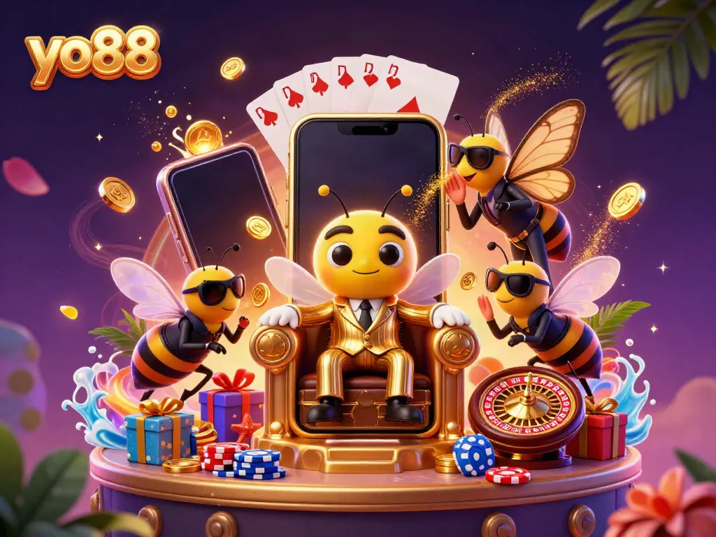 Experience thrilling gaming with yo88's vibrant casino scene featuring dynamic characters and slot games.