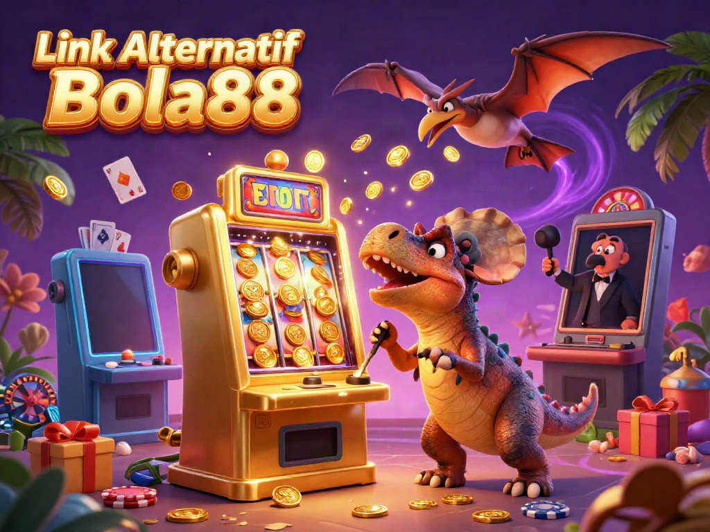 Experience the excitement of winning with Link Alternatif Bola88 as a pachycephalosaurus celebrates jackpots amidst a vibrant casino scene.