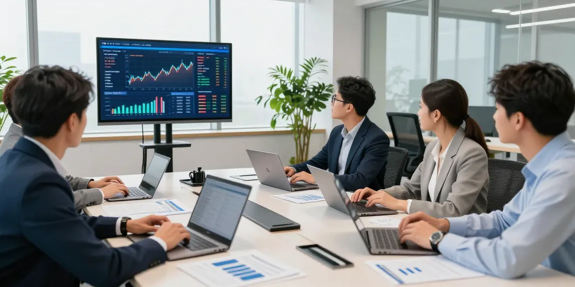 Professionnels de la banque numérique engageant une discussion stratégique dans un bureau moderne.