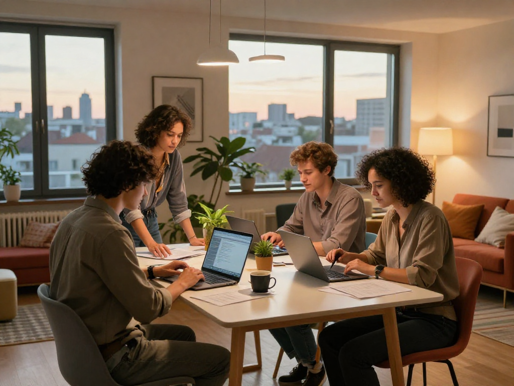 Komfortable Monteurzimmer Hannover mit modernen Möbeln und Teamarbeit am Tisch.