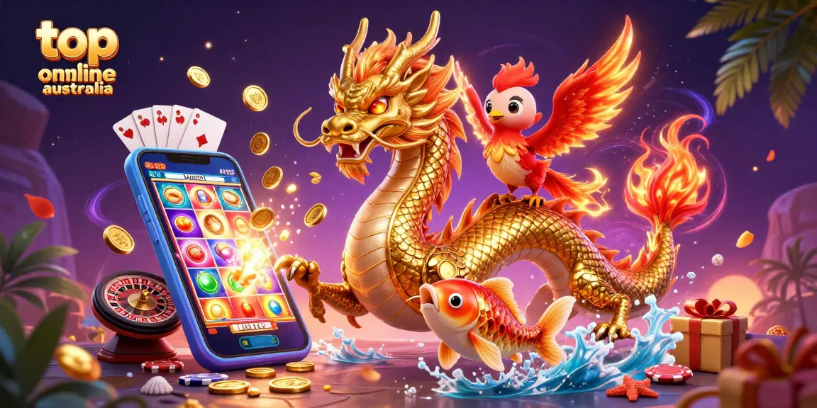 Engage with top online casino Australia through an exhilarating scene featuring vibrant dragons and games.